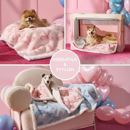 LE SURE Waterproof Puppy Blanket for Large Dogs - Washable Double Sided Dog Blankets with Warm Jacquard Shag and Soft Sherpa Fleece, Pet Cat Blanket for Couch Protection, Bow Design，Pink Taffy