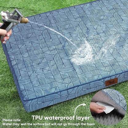 Outdoor Large Washable Dog Bed, Orthopedic Egg Crate Foam Dog Crate Mat for Large Dogs with Removable Oxford Cooling Cover, White Blue