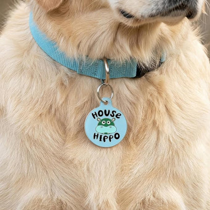 Bad Tags Personalized Dog and Cat ID Tags in 25+ Designs and 2 Sizes - 5 Lines of Custom Engraved Text - Funny Cute Personalized Pet Tags (House Hippo - Blue, Small (1 inch))