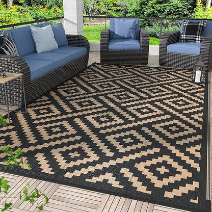 GENIMO 5x8 Outdoor Rug Waterproof, Reversible Mats, Area Rug, Plastic Outside Carpet, Geometric Rv Mat for Patio Camping Rv Picnic Backyard Deck Balcony Porch Beach Trailer (Black & Brown)