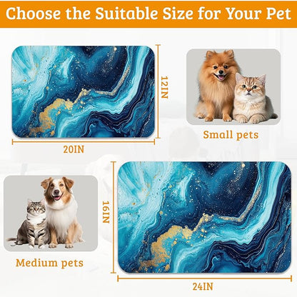 Dog Bowl Mat,Blue Gold Marble Pet Feeding Mat for Floors Waterproof,Flowing Absorbent Dogs Placemat for Food and Water Quick Dry Pet Cat Feeding Mats with Non Slip Bottom 16" x 24"