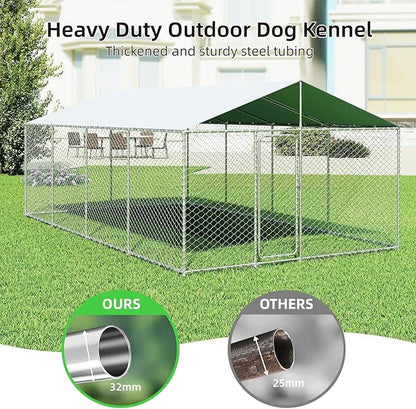 20'x10' Large Outdoor Dog Kennel, Heavy Duty Dog Enclosure with Roof, Weather Resistant Cover and Security Lock (240"x120")