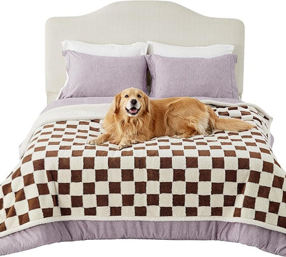 LE SURE Waterproof Dog Blanket for Large Dogs - Washable Double Sided Dog Blankets with Warm Jacquard Shag and Soft Sherpa Fleece, Pet Cat Blanket for Bed Protection, 3D Textured Checks, Brown