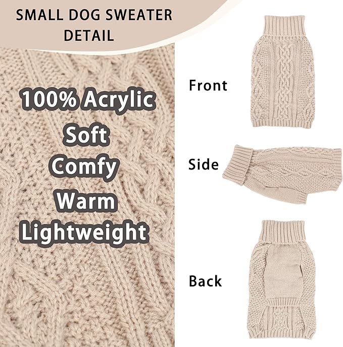 Dog Sweaters Small Dog Clothes Winter Turtleneck Puppy Sweater Warm Pet Cat Sweater Doggy Pullover Outfit with Twisted Design XS~XL (Beige, X-Large)