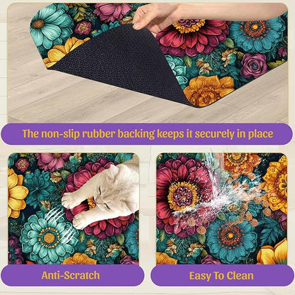 Vintage Floral Pet Feeding Mat, Fast-Dry Absorbent Dog and Cat Bowl Mat, Waterproof Rubber Base – 16x24 Inch