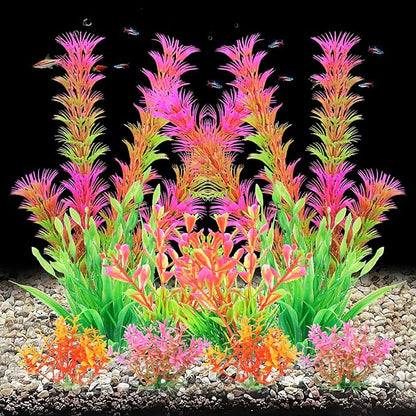 AQUANEAT Artificial Fish Tank Plants, Aquarium Decorations, Pink Plastic Accessories, 10pcs