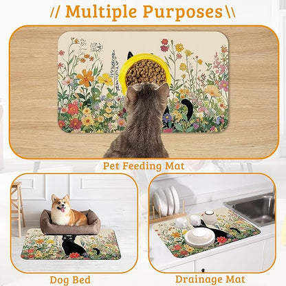 Dog Bowl Mat,Cat Black Pet Feeding Mat for Floors Waterproof,Color Flowers Absorbent Dogs Placemat for Food and Water Quick Dry Pet Cat Feeding Mats with Non Slip Bottom 12" x 20"