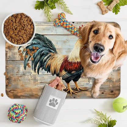Rooster Dog Food Mat for Floors,Vintage Wood Panel Absorbent Quick-Dry Pet Feeding Mat,Cat Dog Bowl Mats for Food and Water,Non-Slip Pet Accessories Supplies 16"x24"