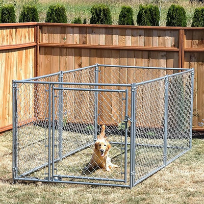 Lucky Dog Heavy Duty Outdoor Galvanized Chain Link Dog Kennel Enclosure with Latching Door, 1.5 Inch Raised Legs, and Adjustable Configuration, Silver