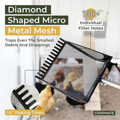 2-in-1 Chicken Coop Poop Scooper and Rake - Metal Sand Sifting Litter Scoop Shovel with Angled Basket and Micro-Sized Diamond Mesh to Catch The Smallest Farm Animal Droppings - Adjustable 12" to 53"