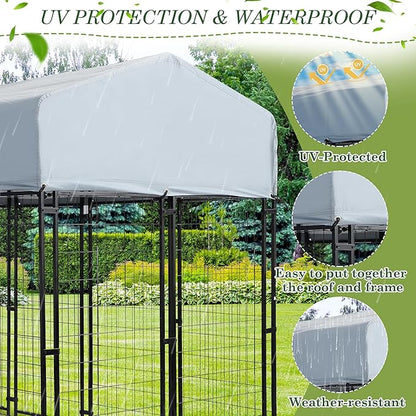 Grepatio Outdoor Dog Kennel for Large Dogs, 8x4x5.7 FT Dog Enclosure with Waterproof, Heavy Duty Welded Wire Steel Dog Playpen Fence with 2 Rotating Dogs Bowls, Outside Dogs Cage Run with Secure Lock