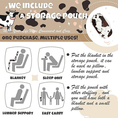 Bnuitland Cow Print Throw Blanket with Storage Pouch, 300 GSM Double Sided Cute for Bed/Sofa/Lap, Gift Blanket for Kids/Babys/Pets, Super Soft Cozy Lightweight Fuzzy Flannel Throw, 50×40 inch