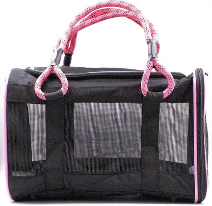 Buddy's Best Airline Approved Pet Carrier Black & Pink Heavy Duty, Fits Under Seat, TSA Compliant, Ventilated Mesh Design w/Waterproof Base & Reflective Safety Strips