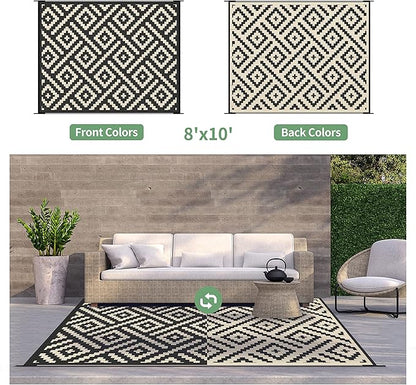 GENIMO Outdoor Rugs 8x10 Waterproof, Reversible Mats, Area Plastic Straw Rug, Outside Carpet, Geometric Rv Mat for Patio Camping Rv Picnic Backyard Deck Balcony Porch Beach Trailer (Black & Beige)