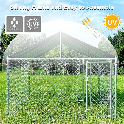 HITTITE Extra Large Outdoor Dog Kennel, Anti-Rust Dog Kennel Outside with Roof, Galvanized Chain Link Dog Runs for Outside with Waterproof UV-Resistant Cover and Secure Lock