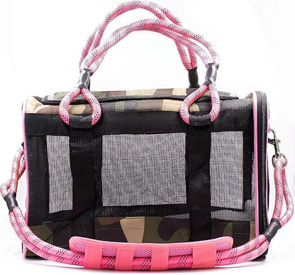 Buddy's Best Airline Approved Pet Carrier – Army Camo & Pink Heavy Duty, Fits Under Seat, TSA Compliant, Ventilated Mesh Design w/Waterproof Base & Reflective Safety Strips