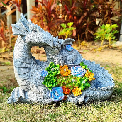 Dragon Solar Garden Statues Outdoor Decoration with Succulent and 6 LED Lights,Dragon Figurine Solar Lights Lawn Décor,Outside Statue Ornament for Patio, Balcony, Yard,Unique Gift for Mom