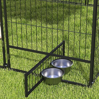PawHut Outside Dog Kennel, 7' x 7' x 5' Puppy Play Pen with Canopy, Garden Playpen Fence Crate Enclosure Cage Rotating Bowl, for Dogs, Chickens, Ducks, Black