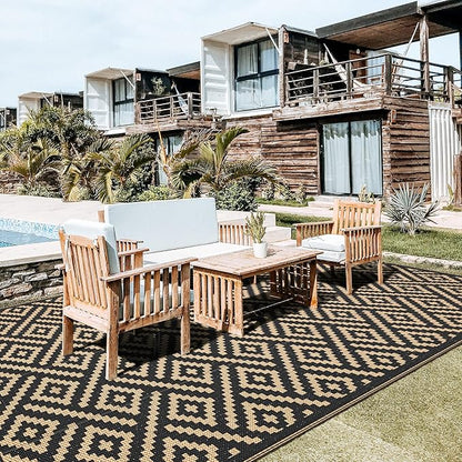 GENIMO Outdoor Rug Waterproof, 10' x 20' Reversible Plastic Straw Rugs, Lightweight Large RV Camping Mat for Patio, Deck, Camper, Balcony, Backyard, Picnic, Black & Brown