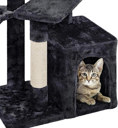 Topeakmart Cat Tree Tower for Indoor Cats, 34.5in Cute Cat Tree Activity Center with Condo & Scratching Post, Multi-Level Cat Climbing Tower Play House w/Large Perch, Platform, Basket, Black